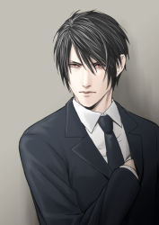Rule 34 | 1boy, black hair, black jacket, black necktie, collared shirt, final fantasy, final fantasy vii, formal, grey background, hair between eyes, hand in jacket, highres, jacket, long sleeves, looking to the side, male focus, necktie, pale skin, reaching, red eyes, sd supa, shirt, short hair, solo, square enix, suit, suit jacket, turks (ff7), upper body, vincent valentine, white shirt