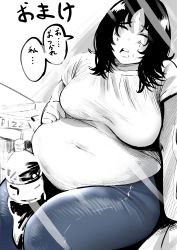 Rule 34 | 1girl, absurdres, arm support, belly, between legs, big belly, blue legwear, blue pants, blush, bottle, box, breasts, closed eyes, comic, denim, drink, eating, fat, fukuhara takaya, hand on own stomach, highres, jeans, large breasts, leaning to the side, long hair, midriff, navel, open mouth, original, pants, parted bangs, pizza box, raised eyebrows, sequential, shirt, short sleeves, simple background, sitting, solo, speech bubble, spot color, sweat, t-shirt, thick thighs, thighs, translation request, weight gain