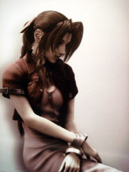 Rule 34 | 1990s (style), 1girl, aerith gainsborough, bracelet, braid, brown hair, cropped jacket, dress, final fantasy, final fantasy vii, highres, jacket, jewelry, long hair, official art, photorealistic, realistic, ribbon, single braid, sitting, solo