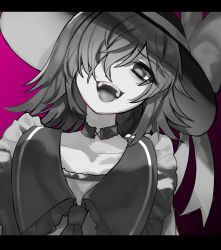 Rule 34 | 1girl, :d, absurdres, alternate hairstyle, collared shirt, greyscale, greyscale with colored background, hair over one eye, hat, hat ribbon, head tilt, highres, komeiji koishi, letterboxed, looking at viewer, medium hair, mikomo0106, monochrome, open mouth, pink background, ribbon, shirt, simple background, smile, solo, touhou, upper body