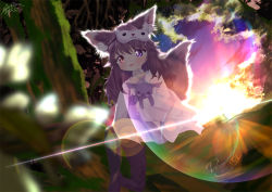 Rule 34 | 1girl, absurdres, ahoge, animal ear fluff, animal ears, backlighting, belt collar, black thighhighs, bra strap, brown hair, brown tail, child, choker, collar, commission, commissioner upload, ear piercing, flat chest, forest, hair ornament, happy, heterochromia, highres, hug, indie virtual youtuber, lens flare, light rays, long shirt, mask, mask on head, medium hair, nature, no shoes, hugging object, outdoors, pajamas, petite, piercing, purple shirt, robe, scenery, shirt, sitting, skeb commission, sky, sleep mask, sleepwear, smile, solo, stuffed toy, sunbeam, sunlight, tail, thighhighs, tree, twintails, tybernation, virtual youtuber, wolf ears, wolf girl, wolf tail, yumineko (yukimasa1017), zettai ryouiki