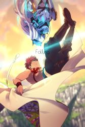 Rule 34 | 1boy, 1girl, armor, blurry, depth of field, echo (circa), emiya shirou, english text, melusine (fate), melusine (first ascension) (fate), falling, fate/grand order, fate (series), floral print, flying, full body, holding, limited/zero over, looking at another, midair, red hair, senji muramasa (fate), sunlight, tassel, visor, white hair, wristband, yellow eyes
