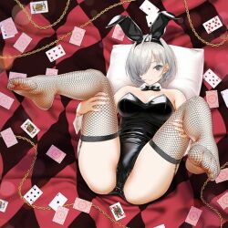 Rule 34 | 1girl, animal ears, bed sheet, breasts, cameltoe, card, chain, fake animal ears, feet, fishnets, full body, grey eyes, grey hair, infinote, large breasts, latex, leotard, looking at viewer, nails, one eye covered, pillow, playboy bunny, playing card, poker, sashou mihiro, smile, soles, spread legs, toes