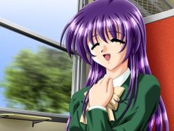 Rule 34 | 1girl, closed eyes, happy, long hair, purple hair, sitting, tottemo pheromone, tsunashima erika