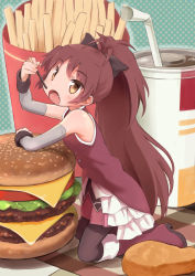 Rule 34 | 10s, 1girl, absurdres, black bow, black pantyhose, black thighhighs, blush, boots, bow, burger, cheese, chicken nuggets, cup, detached sleeves, drink, drinking straw, eating, fang, fast food, food, french fries, green background, hair bow, head tilt, highres, lettuce, long hair, long sleeves, looking at viewer, mahou shoujo madoka magica, mahou shoujo madoka magica (anime), okayparium, open mouth, oversized object, pantyhose, pocky, ponytail, red footwear, red hair, sakura kyoko, soda, solo, thighhighs, tomato, yellow eyes
