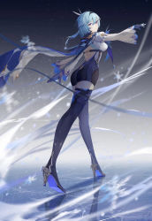 Rule 34 | 1girl, bare back, black leotard, black thighhighs, blue hair, blurry, boots, cape, commentary request, dancing, depth of field, eula (genshin impact), from behind, full body, genshin impact, hair between eyes, hair ornament, hairband, high heels, highres, ice, leotard, lizi (st3648), long hair, looking at viewer, looking back, orange eyes, sidelocks, simple background, snowing, solo, standing, thigh boots, thighhighs, two-tone gloves, wide sleeves, zettai ryouiki