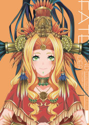 Rule 34 | 1girl, absurdres, aztec, blonde hair, bracer, breasts, chin piercing, closed mouth, collar, copyright name, detached collar, fate/grand order, fate (series), feathers, green eyes, headband, headdress, highres, jewelry, large breasts, long hair, looking at viewer, metal collar, necklace, orange background, parted bangs, poncho, quetzalcoatl (fate), sidelocks, simple background, smile, solo, yuuta (yuuta0312)