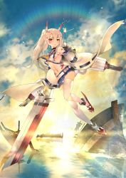 Rule 34 | 1girl, ayanami (azur lane), azur lane, bandaid, bare shoulders, breasts, choker, cloud, cloudy sky, commentary request, detached sleeves, full body, headgear, highres, holding, holding sword, holding weapon, long hair, looking at viewer, machinery, military, military vehicle, navel, orange eyes, parted lips, ponytail, remodel (azur lane), school uniform, serafuku, ship, silver hair, sky, small breasts, solo, sword, teddy (khanshin), thighhighs, turret, twilight, underboob, warship, watercraft, weapon, white thighhighs, wide sleeves, zettai ryouiki