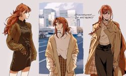 Rule 34 | 1girl, braid, braided ponytail, cardigan, carrotsprout, chainsaw man, dress, earrings, hair bun, highres, jacket, jewelry, long hair, looking at viewer, makima (chainsaw man), multiple views, red hair, ringed eyes, single hair bun, solo, sweater, turtleneck, turtleneck dress, yellow eyes