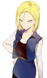 Rule 34 | 1girl, android 18, bad id, bad tumblr id, blonde hair, blue eyes, dragon ball, dragonball z, earrings, hand on own hip, jewelry, lpip, pantyhose, short hair, skirt, solo, vest