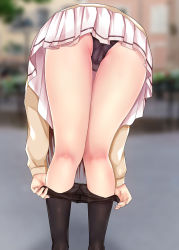 Rule 34 | 1girl, ass, bent over, black panties, blurry, blurry background, brown hair, cameltoe, clothes pull, unworn clothes, commentary request, feet out of frame, from behind, full body, gochuumon wa usagi desu ka?, hoto cocoa&#039;s school uniform, legs, panties, pantyhose, pantyhose pull, pulled by self, rikatan, school uniform, skirt, solo, sweater, thighs, ujimatsu chiya, underwear, upskirt