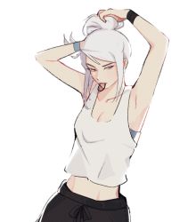 Rule 34 | 1girl, animification, black pants, blue eyes, breasts, cleavage, collarbone, hair behind ear, hair tie in mouth, highres, hyoon (sockgyu), jett (valorant), medium breasts, midriff peek, mouth hold, pants, ponytail, solo, sweatpants, tank top, tying hair, valorant, white background, white hair, white tank top, wristband
