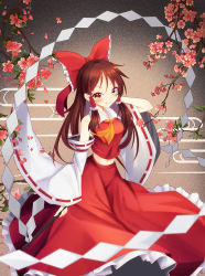 Rule 34 | 1girl, arm up, ascot, bare shoulders, bow, breasts, brown background, brown eyes, brown hair, cherry blossoms, commentary request, detached sleeves, feet out of frame, frilled bow, frills, gohei, hair bow, hair tubes, hakurei reimu, hand in own hair, highres, holding, long hair, long sleeves, looking at viewer, medium breasts, midriff, navel, petticoat, red bow, red skirt, ribbon-trimmed sleeves, ribbon trim, shide, sidelocks, skirt, skirt set, smile, solo, stomach, touhou, wide sleeves, yellow ascot, z.o.b