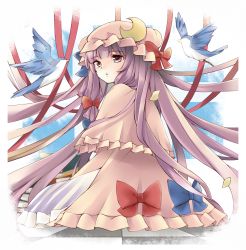 Rule 34 | 1girl, bad id, bad pixiv id, bird, bow, capelet, coat, crescent, dress, female focus, hair ribbon, hat, long hair, looking back, open clothes, open coat, patchouli knowledge, purple dress, purple eyes, purple hair, ribbon, richard, sitting, solo, striped clothes, striped dress, touhou, very long hair
