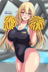 Rule 34 | 1girl, alternate costume, atago (kancolle), black one-piece swimsuit, blonde hair, breasts, collarbone, competition swimsuit, covered navel, green eyes, highleg, highleg swimsuit, highres, holding, holding pom poms, kantai collection, large breasts, long hair, montemasa, one-piece swimsuit, pom pom (cheerleading), pom poms, pool, poolside, rei no pool, solo, swimsuit