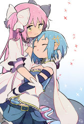 Rule 34 | 2girls, aqua background, bad id, bad pixiv id, belt, blue hair, blue skirt, blush, breasts, cape, detached sleeves, dress, expressionless, fortissimo, gloves, gradient background, hair ornament, hair ribbon, hairclip, hand on another&#039;s head, hand on another&#039;s waist, highres, holding, kaname madoka, kirikuchi riku, light smile, long hair, looking at another, looking down, mahou shoujo madoka magica, mahou shoujo madoka magica (anime), medium breasts, miki sayaka, multiple girls, musical note, musical note hair ornament, parted lips, pleated skirt, ribbon, short hair, simple background, skirt, soul gem, sparkle, sparkle background, strapless, two side up, ultimate madoka, very long hair, white background, white cape, white dress, white gloves, white ribbon, wide sleeves, yellow eyes