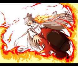 Rule 34 | 1girl, dutch angle, female focus, fire, from below, fujiwara no mokou, fujy, letterboxed, long hair, long sleeves, ofuda, pants, red eyes, shirt, simple background, solo, suspenders, touhou, very long hair, white background, white shirt