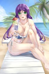 Rule 34 | 1girl, absurdres, artist name, artist request, bare shoulders, beach, bikini, bikini top only, blue bikini, blush, breasts, cup, drinking glass, drinking straw, female focus, full body, green eyes, highres, holding, holding drinking glass, holding drinking straw, large breasts, long hair, looking at viewer, love live!, love live! school idol project, low twintails, nail, nail polish, ocean, palm tree, purple hair, sitting, sky, smile, solo, swimsuit, tojo nozomi, tree, twintails