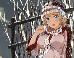 Rule 34 | 10s, 1girl, ayase eli, bad id, bad pixiv id, blonde hair, blue eyes, breasts, fence, hood, love live!, love live! school idol festival, love live! school idol project, medium breasts, onoguru, russian clothes, sequins, slavic clothes, smile, snow, solo, tree
