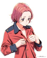 Rule 34 | 1girl, brown eyes, buttoning, closed mouth, dated, dressing, girls und panzer, horikou, jacket, long sleeves, one-hour drawing challenge, pink hair, red jacket, rosehip (girls und panzer), short hair, signature, simple background, solo, upper body, white background
