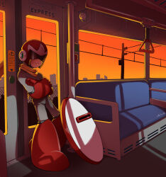 Rule 34 | 1boy, cityscape, crossed arms, english text, full body, helmet, imbisibol, leaning back, looking at viewer, male focus, mega man (classic), mega man (series), no humans, proto man, robot, scarf, shade, shield, solo, sunset, train interior, yellow scarf