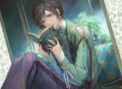 Rule 34 | 1boy, black hair, book, cape, earrings, green gemstone, gem, glasses, green eyes, green shirt, holding, holding book, jewelry, long sleeves, looking at viewer, mole, mole under mouth, original, pants, purple pants, ring, shirt, sitting, smile, solo, yoshicha