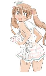 Rule 34 | 1boy, 1girl, adjusting clothes, adjusting headwear, admiral (kancolle), bare shoulders, blush, brown eyes, brown hair, commentary, cropped legs, dress, fang, giant, giantess, hair between eyes, hair ribbon, hat, highres, kantai collection, libeccio (kancolle), long hair, long sleeves, looking down, military, military hat, military uniform, mini hat, naval uniform, panties, peaked cap, poyo (hellmayuge), red ribbon, ribbon, sailor collar, sailor dress, see-through, see-through silhouette, simple background, size difference, sleeveless, sleeveless dress, striped clothes, striped panties, sweat, twintails, underwear, uniform, white background, white sailor collar