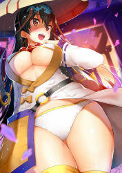 Rule 34 | 1girl, b-ginga, beads, belt, bikini, bikini under clothes, black hair, blush, breasts, brown eyes, brown hair, cleavage, commentary request, curvy, earrings, evening, fate/grand order, fate (series), gourd, hair ornament, hand on own chest, hat, hip focus, hoop earrings, ichimegasa, japanese clothes, jewelry, kimono, large breasts, long hair, o-ring, open clothes, open kimono, open mouth, outdoors, petals, prayer beads, short kimono, smile, solo, sparkle, swimsuit, thighhighs, thighs, torii, twilight, underboob, very long hair, white bikini, white kimono, xuangzang sanzang (fate)