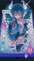 Rule 34 | 1girl, absurdres, black background, black skirt, black sleeves, black thighhighs, buttonniukoukou, cellphone, commentary, creatures (company), detached sleeves, english commentary, feet out of frame, game freak, ghost miku (project voltage), glitch, green hair, hand on own chest, hand up, hatsune miku, heart, highres, icon (computing), long hair, looking at viewer, nail polish, nintendo, open mouth, phone, pokemon, project voltage, purple nails, shooting star, simple background, skirt, smartphone, solo, sparkle, spoken heart, thighhighs, torn clothes, twintails, vocaloid, will-o&#039;-the-wisp (mythology), yellow eyes
