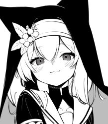 Rule 34 | 1girl, animal ear headwear, aoitsuki, black eyes, black headwear, blue archive, blush, closed mouth, commentary request, double-parted bangs, fake animal ears, greyscale, hair between eyes, hand up, highres, long sleeves, looking at viewer, mari (blue archive), monochrome, sailor collar, simple background, smile, solo, turtleneck, upper body, veil, white background, white sailor collar