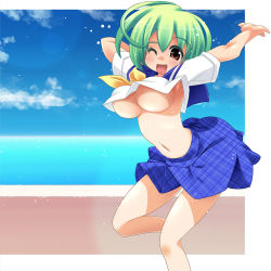 1girl armpits breasts curvy day female_focus green_hair large_breasts navel one_eye_closed ootsuki_ren school_uniform serafuku skirt sky solo underboob wink