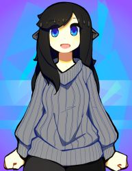 Rule 34 | 1girl, arms at sides, black hair, black pants, blue eyes, blush, borrowed character, commission, d-floe, grey sweater, highres, long hair, long sleeves, looking at viewer, open mouth, original, pants, ribbed sweater, smile, solo, sweater
