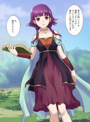 Rule 34 | 1girl, absurdres, arm warmers, bad id, bad pixiv id, bare shoulders, blue sky, book, dress, fire emblem, fire emblem: the sacred stones, hariya188, highres, holding, holding book, low twintails, lute (fire emblem), medium hair, nintendo, outdoors, painttool sai, painttool sai (medium), photoshop (medium), purple eyes, purple hair, sky, sleeveless, sleeveless dress, translation request, twintails