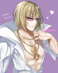 Rule 34 | 1boy, blonde hair, fate (series), grin, hand up, high collar, highres, jacket, jewelry, looking at viewer, male focus, muscular, necklace, purple background, ring, sakata kintoki (fate), simple background, smile, solo, sunglasses, tanaji, upper body, v-shaped eyebrows, white jacket