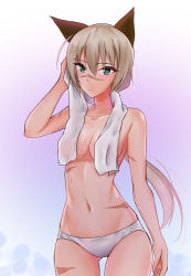 Rule 34 | 1girl, blonde hair, blush, breasts, gradient background, green eyes, hair between eyes, hanna rudel, highres, large breasts, panties, phoompusiri, solo, strike witches, strike witches: suomus misfits squadron, sweat, thighs, underwear, white panties, world witches series