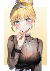 Rule 34 | 1girl, absurdres, black dress, blonde hair, blue eyes, breasts, cleavage, dress, earrings, hair bun, hand on own chin, highres, hololive, hololive english, jewelry, large breasts, long hair, mole, mole on breast, necklace, open mouth, see-through, see-through dress, see-through sleeves, single hair bun, solo, tiara, upper body, virtual youtuber, watson amelia, watson amelia (party dress), yukineko1018