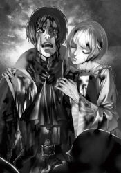 Rule 34 | 1boy, 2girls, aida yukimasa, blood, blood in hair, blood on clothes, blood on face, closed eyes, closed mouth, dress, fata morgana no yakata, front-to-back, highres, hug, hug from behind, looking down, moyatarou, multiple girls, non-web source, novel illustration, official art, open mouth, out of frame, pauline asama, short hair, spoilers, the white-haired girl (fata morgana no yakata), wide sleeves