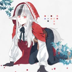 Rule 34 | 1girl, all fours, animal ears, black hair, fire emblem, fire emblem fates, gloves, highres, hood, hood up, long sleeves, multicolored hair, nintendo, red eyes, silver hair, solo, tail, two-tone hair, velouria (fire emblem), wolf ears, wolf tail