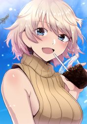 Rule 34 | 1girl, alternate costume, bare shoulders, blonde hair, blue eyes, blurry, blush, bokeh, breasts, cup, depth of field, disposable cup, drinking straw, highres, liar lawyer, looking at viewer, medium breasts, raisa pottgen, ribbed sweater, short hair, smile, solo, strike witches, sweater, turtleneck, upper body, world witches series