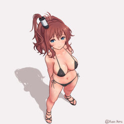 Rule 34 | 1girl, arms behind back, bad id, bad pixiv id, bikini, blue eyes, breasts, brown hair, cleavage, cross-laced sandals, covered erect nipples, foreshortening, from above, full body, halterneck, highres, kantai collection, large breasts, long hair, looking at viewer, medium hair, navel, one side up, rose neru, sandals, saratoga (kancolle), shadow, side-tie bikini bottom, sidelocks, simple background, smile, solo, standing, string bikini, swimsuit, white background