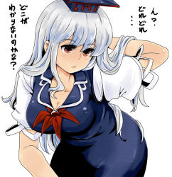 Rule 34 | 1girl, bent over, blue hair, breasts, cleavage, face, female focus, hair flip, hat, kakao (chocolate land), kamishirasawa keine, large breasts, leaning forward, long hair, okoge senbei, red eyes, silver hair, simple background, solo, touhou, translated, white background