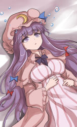 Rule 34 | 1girl, blue bow, blue ribbon, bow, breasts, bubble, capelet, commentary request, crescent, crescent pin, dress, hair bow, hand on own stomach, hat, hat ribbon, highres, large breasts, lying, mob cap, namiki (remiter00), on back, parted lips, patchouli knowledge, pink dress, purple eyes, purple hair, purple neckwear, red bow, ribbon, robe, solo, striped clothes, striped dress, touhou, wide sleeves