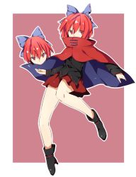 Rule 34 | 1girl, akagashi hagane, bad id, bad pixiv id, boots, border, bow, cape, covering own mouth, disembodied head, full body, hair bow, hair ornament, long sleeves, looking at viewer, outside border, red eyes, red hair, sekibanki, shirt, short hair, simple background, skirt, solo, touhou