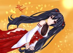 Rule 34 | 1girl, artist name, bare shoulders, black hair, breasts, dress, japanese clothes, long hair, medium breasts, miko, neptune (series), noire (neptunia), red eyes, ribbon, shaah candidate, skirt, smile, solo, thighs, tsundere, twintails