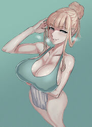 Rule 34 | 1girl, absurdres, arm under breasts, arm up, birthday, blonde hair, blunt bangs, bottomless, bra, breasts, breath, cleavage, collarbone, commentary request, forced perspective, green background, green bra, hair bun, happy birthday, highres, jeaike art, large breasts, lips, looking at viewer, parted lips, seductive smile, senran kagura, senran kagura estival versus, senran kagura shinovi versus, sidelocks, simple background, smile, solo, sports bra, standing, steam, sweat, towel, towel on arm, underwear, yomi (senran kagura)