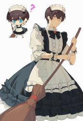 Rule 34 | 1boy, ?, absurdres, adventurer (ff14), alternate costume, apron, black bow, black bowtie, black dress, blue eyes, bow, bowtie, brooch, broom, brown hair, center frills, chibi, chibi inset, chinese commentary, collared dress, commentary request, crossdressing, dress, enmaided, facial hair, feet out of frame, final fantasy, final fantasy xiv, frilled apron, frilled dress, frilled sleeves, frills, hair between eyes, half-closed eyes, highres, holding, holding broom, huz (a1438758295), hyur, jewelry, looking at viewer, maid, maid apron, maid headdress, male focus, open mouth, short hair, simple background, solo, standing, stubble, sweatdrop, warrior of light (ff14), white apron, white background, white headwear, wrist cuffs