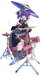 Rule 34 | 1girl, :d, \m/, bang dream!, bass drum, black kimono, bow, cherry blossoms, cymbals, drum, drum set, fang, floral print, flower, hair bow, hair flower, hair ornament, hi-hat, highres, holding, holding umbrella, instrument, japanese clothes, kimono, kongya, long sleeves, obi, oil-paper umbrella, open mouth, purple hair, red eyes, sandals, sash, simple background, sitting on drum, smile, snare drum, solo, striped, striped bow, twintails, udagawa ako, umbrella, v-shaped eyebrows, white background, wide sleeves