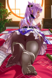Rule 34 | 1girl, ass, bare shoulders, black pantyhose, dress, foot focus, foreshortening, from behind, genshin impact, hair ornament, hairpin, highres, huge ass, keqing (genshin impact), long hair, looking at viewer, looking back, lying, on stomach, pantyhose, purple dress, purple eyes, purple hair, shiny clothes, shiny skin, short dress, skirt, solo, switch 01, twintails, upskirt