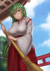 Rule 34 | 1girl, :o, alternate costume, bamboo broom, bird, blue sky, blush, breasts, broom, cloud, day, detached sleeves, green eyes, green hair, hair between eyes, hakama, hakama skirt, highres, holding, holding broom, japanese clothes, kimono, large breasts, long hair, long sleeves, looking at viewer, low-tied long hair, miko, outdoors, paid reward available, red hakama, ribbon-trimmed sleeves, ribbon trim, skirt, sky, solo, standing, torii, very long hair, wide sleeves, yui hiroshi