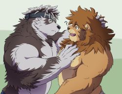 Rule 34 | 2boys, ?, ainu clothes, animal ears, bara, belly, brown fur, chest hair, eye contact, fluffy, from side, furry, furry male, furry with furry, grabbing, grey fur, grey hair, hand on another&#039;s head, headband, horkeu kamui, large pectorals, lion boy, lion ears, looking at another, male focus, multiple boys, muscular, muscular male, out-of-frame censoring, pectoral grab, pectorals, rossciaco, short hair, tail, tokyo houkago summoners, topless male, two-tone fur, upper body, white fur, wolf boy, wolf ears, wolf tail, yaoi, yellow eyes